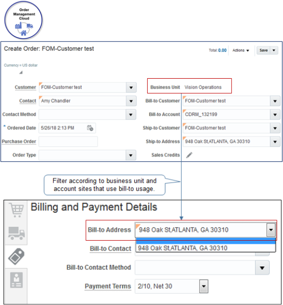 Account site that uses bill-to usage in the drop down for Bill-to Address.