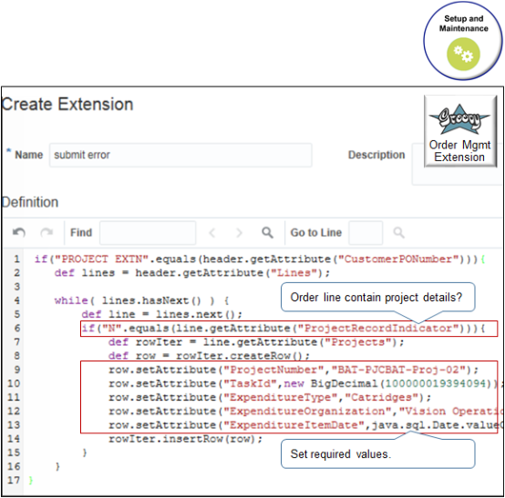 Project attributes in an order management extension