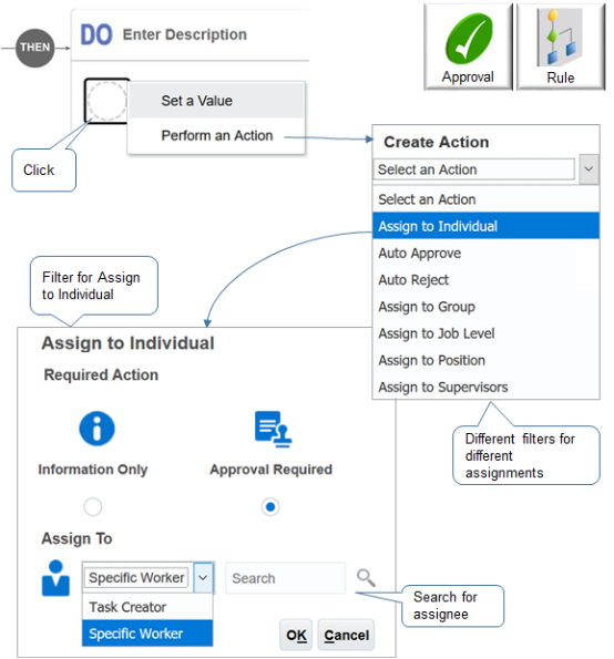 The rule editor filters your choices depending on the action you select.