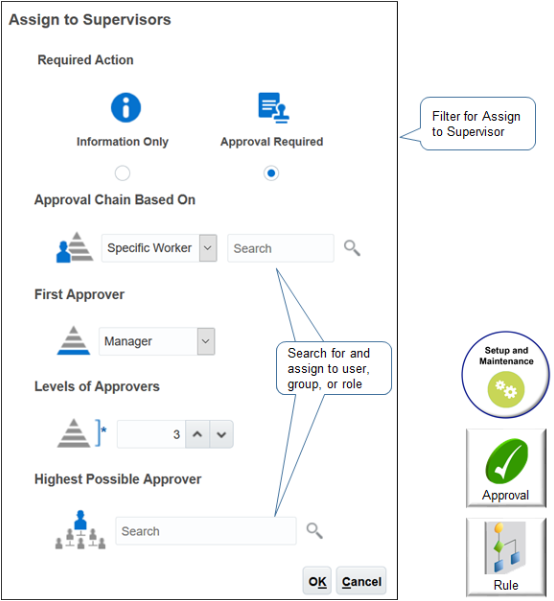 A different dialog displays where you can specify the approval chain, first approver, level of supervisors, highest approver, and so on