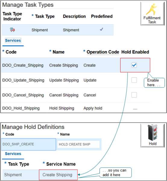 If you create your own task type that references the service, then you must set up the task type so it supports the hold.