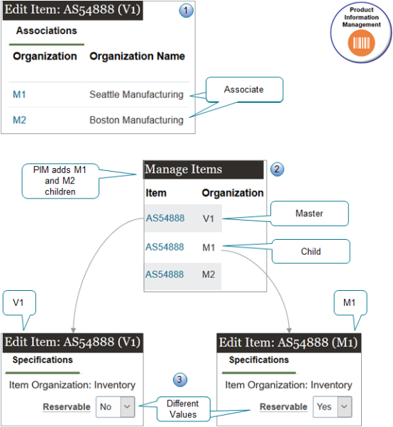 You can set attributes for an item in Product Information Management at the master level and the child level.