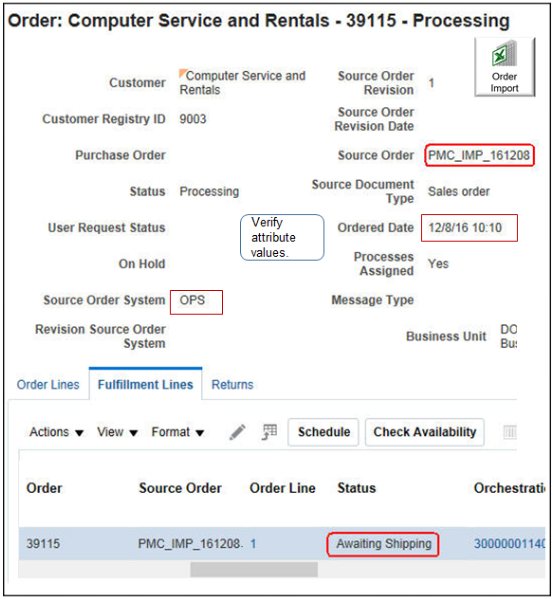 imported data in work area Order Management.