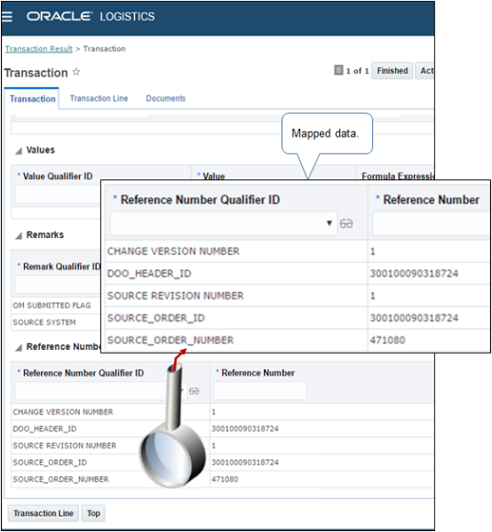 On the Transaction page, examine the mapped data.