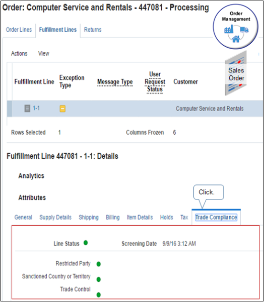 Use the Trade Compliance tab in the fulfillment line detail area.