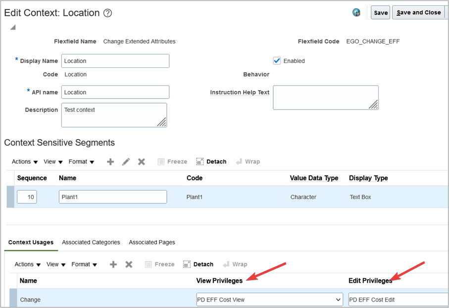 Where you select view and edit privileges on the Edit Context page