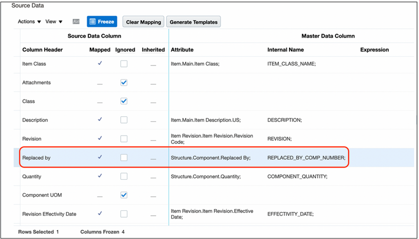 The image shows how you map the data source column containing the component number of the replacement component to the master data attribute