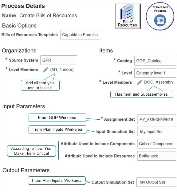 You use the Create Bills of Resources scheduled process.