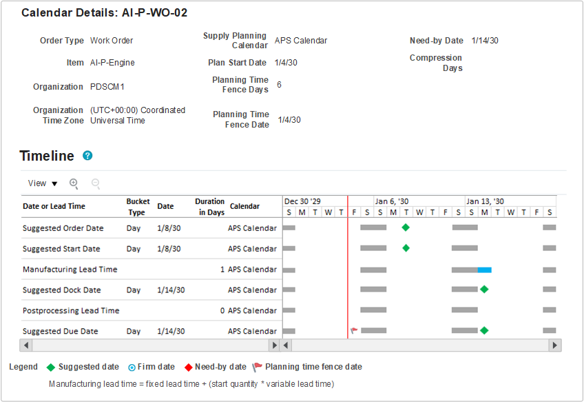 Screen showing a Calendar Details view, with fields and values explained in the following table