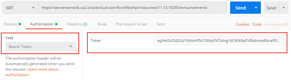 Postman example with authorization key and bearer token