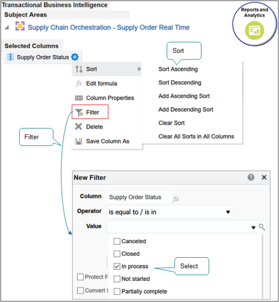 Filter and manipulate column data to focus your report.