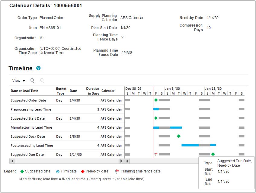 Screen showing a Calendar Details view, with fields and values explained in the following table