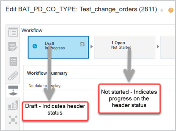 Each workflow step in the Workflow tab displays a header status and the progress on the header status. For example, the header status for a step could be Open, and the progress on the Open status is Not Started.