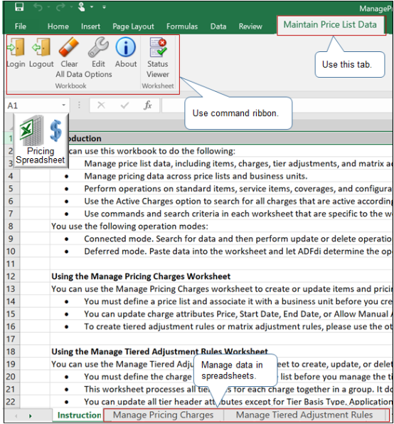 Maintain Price List Data tab in spreadsheet