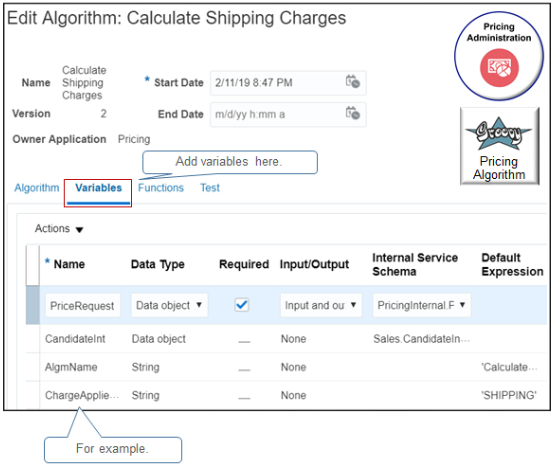 A variable in a pricing algorithm stores a value that can change depending on conditions or details that pass through each algorithm step.