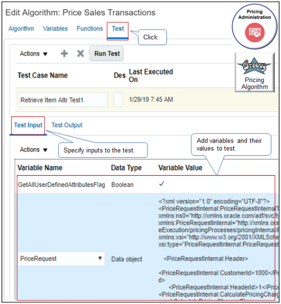 In the Test Input area, specify inputs to the test