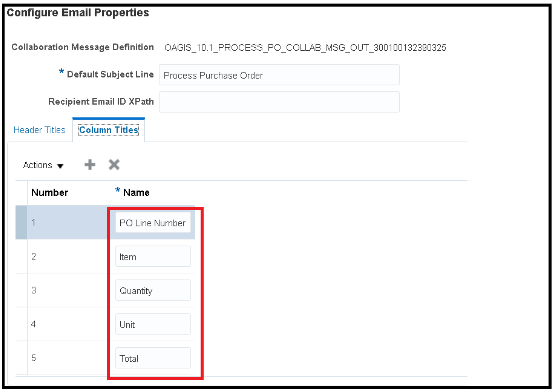 This graphic shows how to set up the order and column titles of the data attributes to be included in the table area of an email.