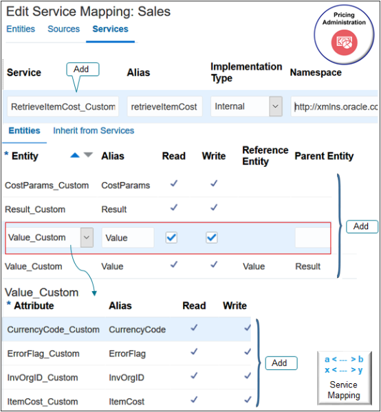 Specify the end point that locates the service, and specify the entities that you will use to communicate details with the service.