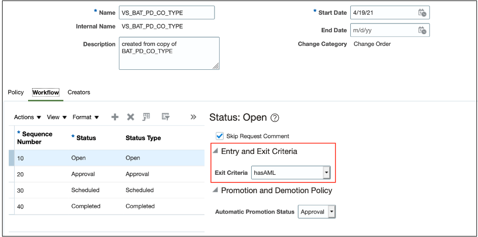 This image shows the exit criteria for status change