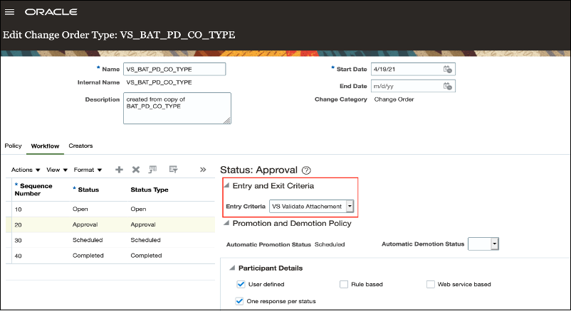 This image shows the change order with entry and exit criteria