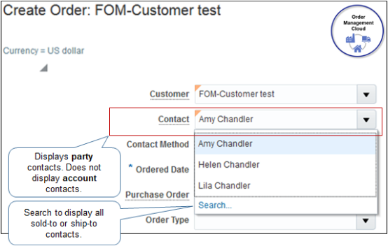 Select a contact from the sold-to customer or the ship-to site.