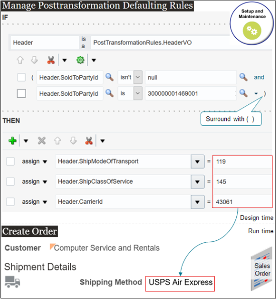 the posttransformation rule uses the Assign actions that you specify to set the Shipping Method attribute to USPS Air Express
