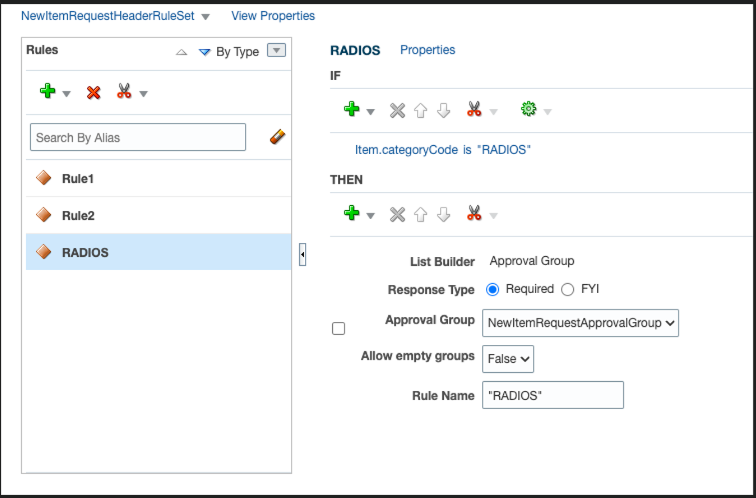 An image of a rule create to manage new item requests.