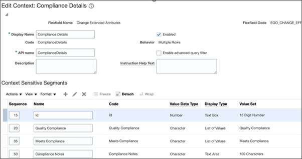 The extensible flexfields of the Meet Compliance attribute