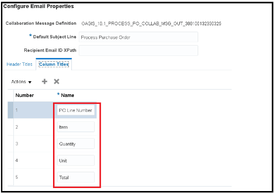 This graphic shows how to set up the order and column titles of the data attributes to be included in the table area of an email.