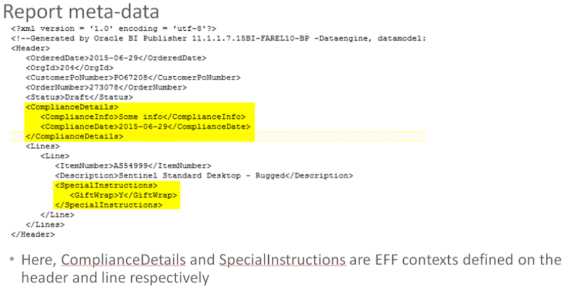 example of an XML payload that represents a sales order that you send to Oracle Analytics Publisher to create the report