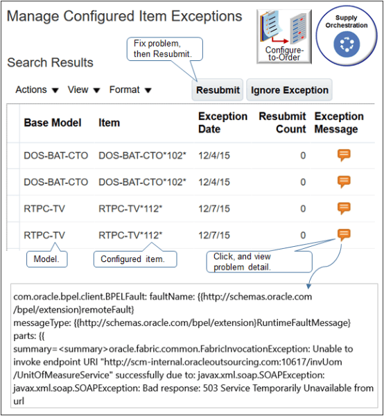 Use the Manage Configured Item Exceptions page to examine most errors that happen in this step. Correct the error and resubmit, or ignore it.