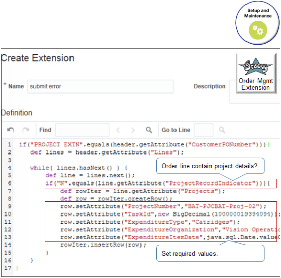 Project attributes in an order management extension