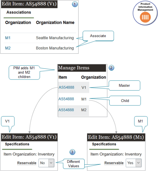 You can set attributes for an item in Product Information Management at the master level and the child level.
