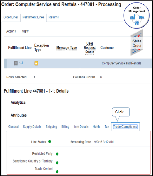 Use the Trade Compliance tab in the detail area.