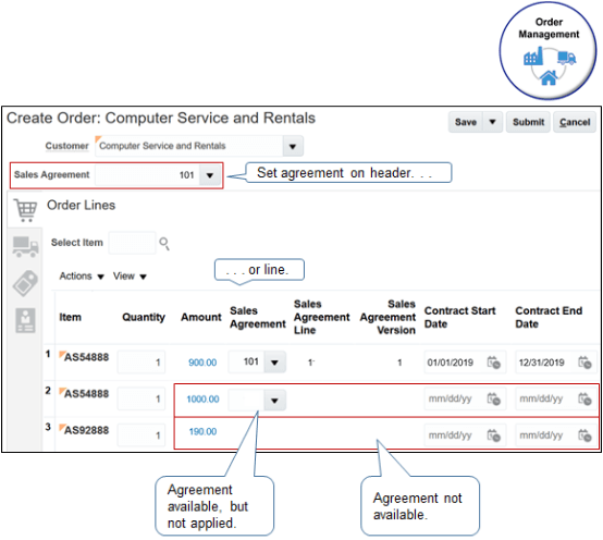 Setting sales agreement attributes on the Create Order page