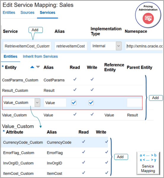Specify the end point that locates the service, and specify the entities that you will use to communicate details with the service.