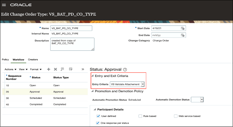 This image shows the change order with entry and exit criteria