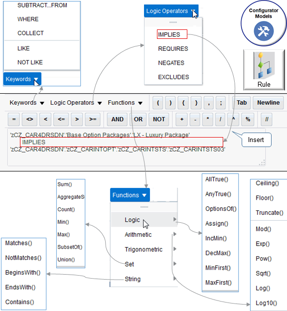 Here are just some of the keywords, operators, and functions that you can insert into your code.