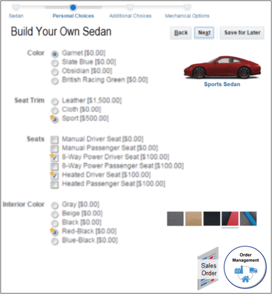 example where you choose options for a car, such as color, seat trim, seats, and so on.