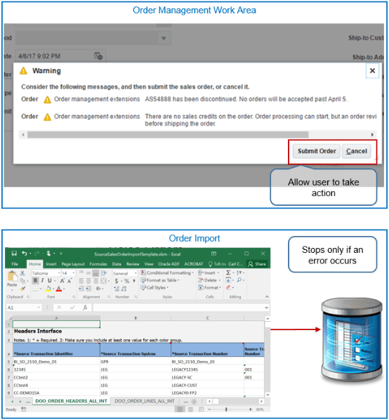 behavior differences depending on whether your extension creates a warning message or error message