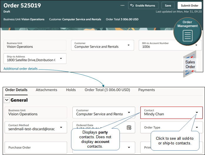 Select a contact from the sold-to customer or the ship-to site.