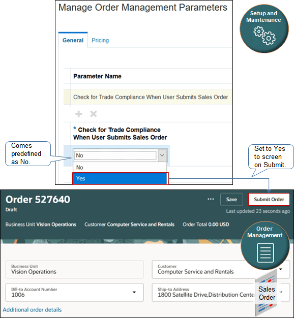 page Manage Order Management parameters in work area Setup and Maintenance