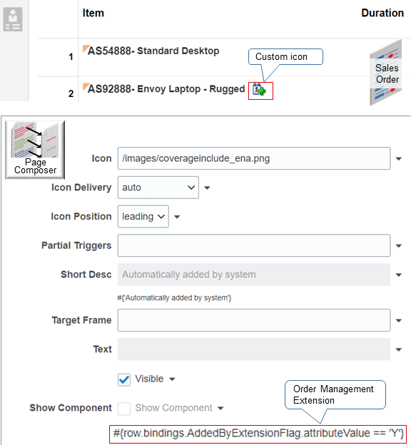 Assume you have an icon name coverageinclude_ena.png, and you want to display it as part of the item. You can use an order management extension in Page Composer to add it
