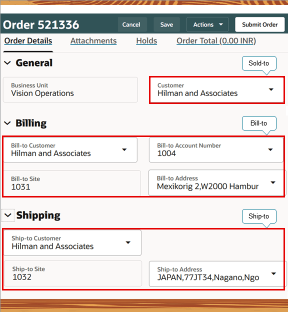 Order Management filters the values that you select for the bill-to addresses according to the business unit that you select on the order header.