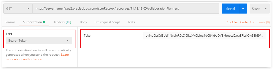 Passing of the authorization and authentication information in Postman.