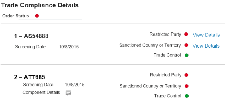 details that indicate that Desktop passed the trade control policy, but failed screening for restricted party and sanctioned country