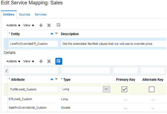 page Edit Service Mappings, on tab Entities