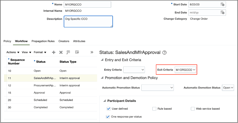 This image shows how to define change order exit criteria