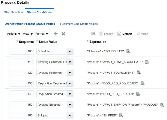 how you can use the Sequence attribute in the Orchestration Process Status Values area on the Status Conditions tab of the Create Orchestration Process Definition page.