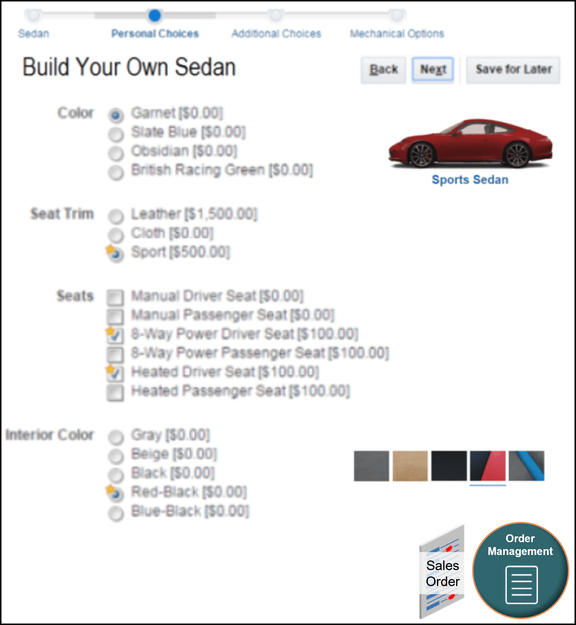 example where you choose options for a car, such as color, seat trim, seats, and so on.
